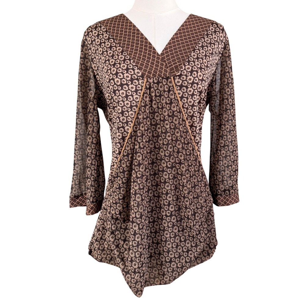 ANAC Designed by Kimi Brown Floral Geometric Mesh Long Sleeve Top XL